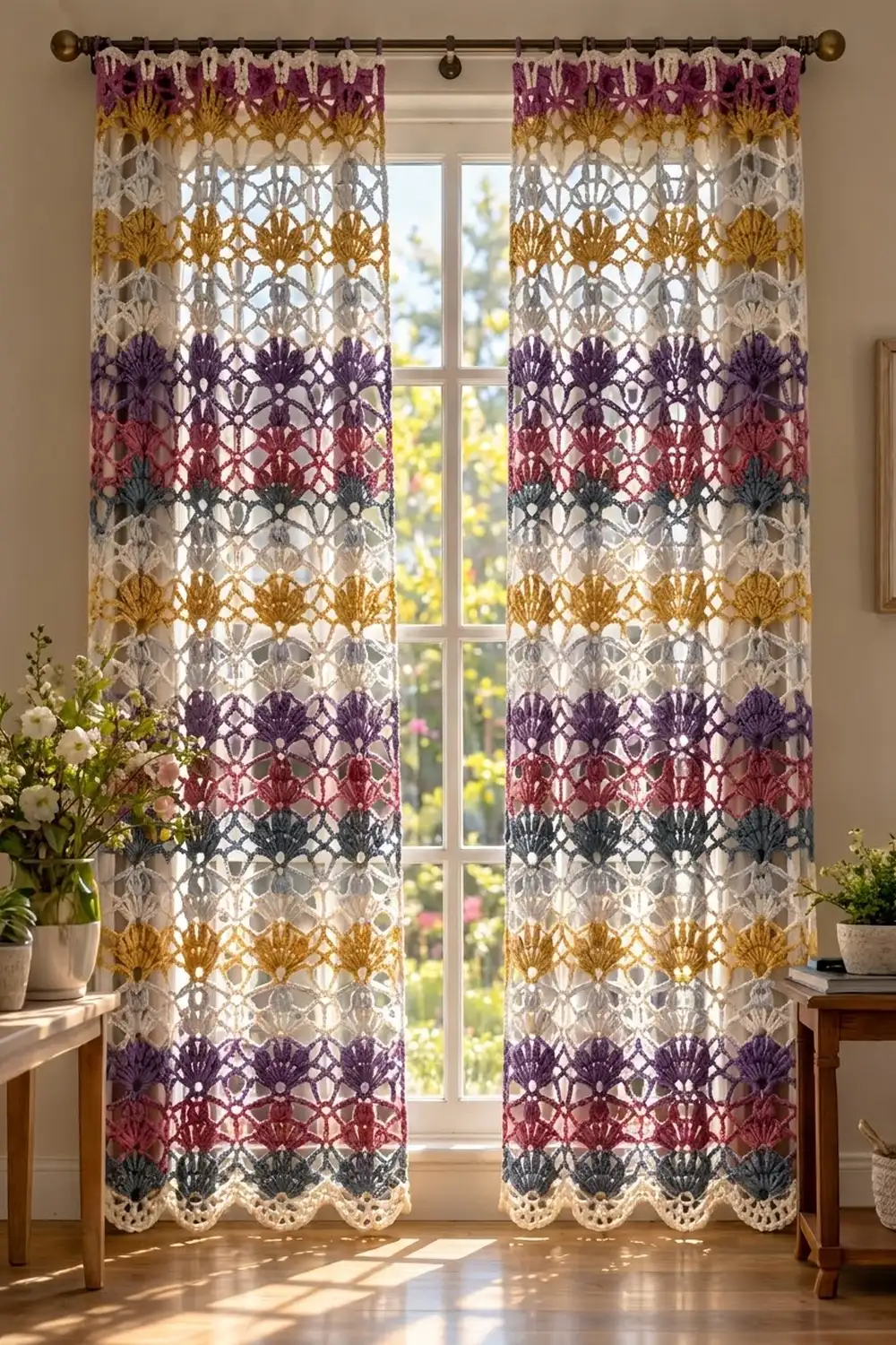 Multicolored crochet curtain panels with striped fan motifs in purple, gold, and cream frame a sunlit garden window.