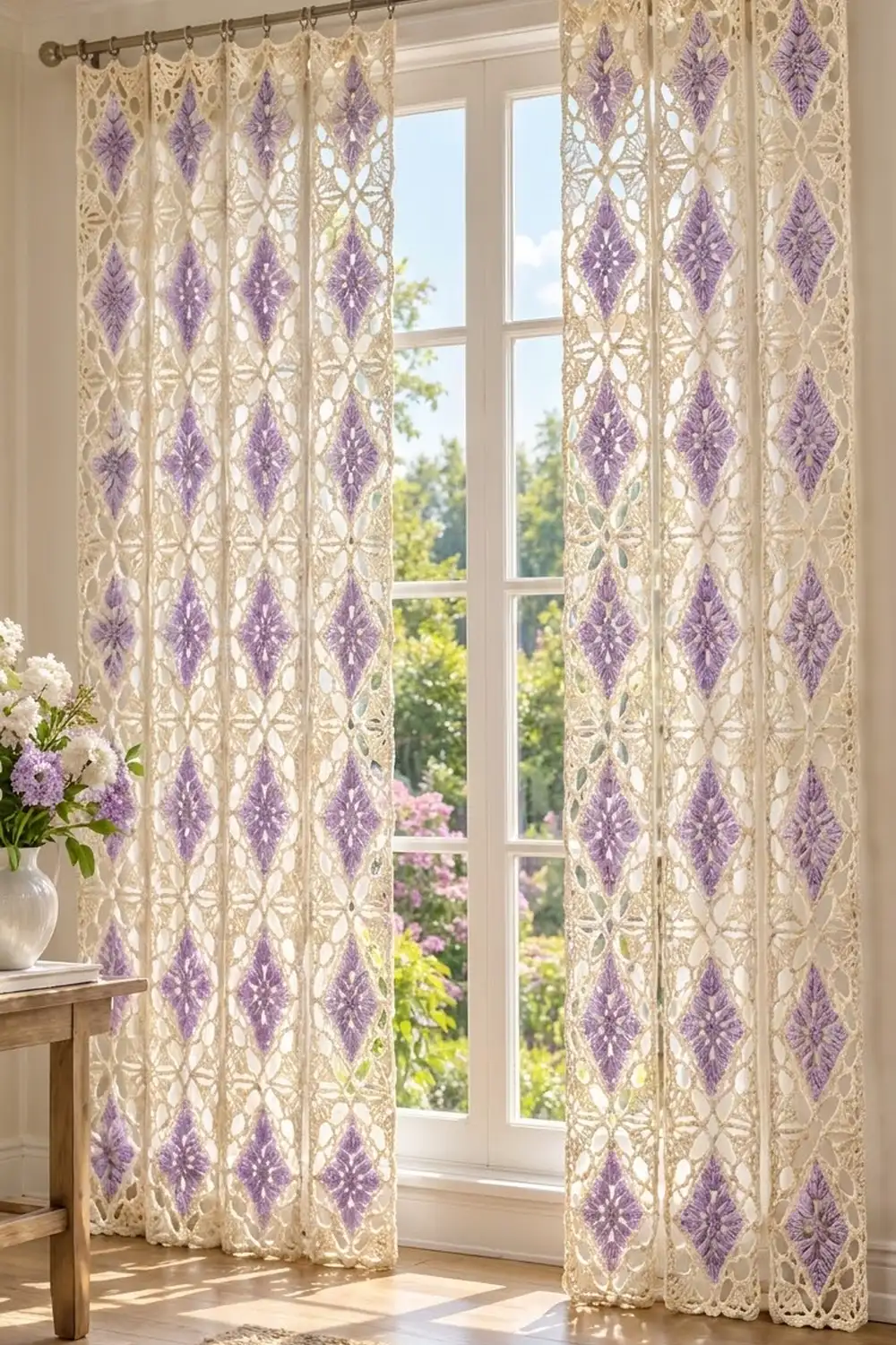 Cream curtains with purple damask diamond pattern frame a sunny window overlooking a garden, styled with purple lilac flowers.