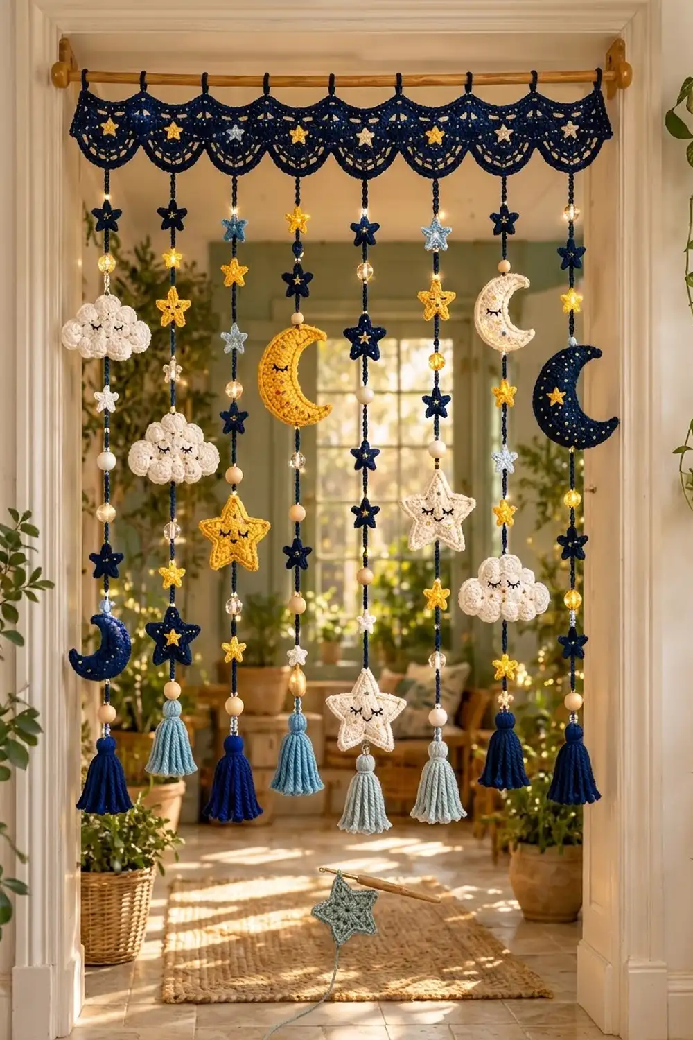 Crochet mobile with navy, cream, and yellow stars, moons, and clouds with blue tassels in sunlit doorway.