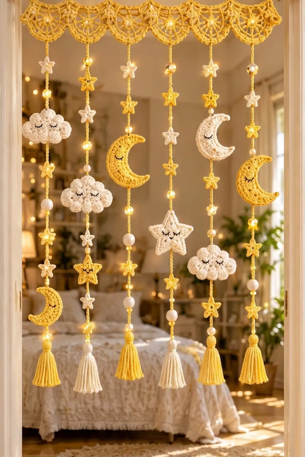 Crocheted yellow and cream celestial mobile with stars, moons, and clouds hanging in a sunny doorway.