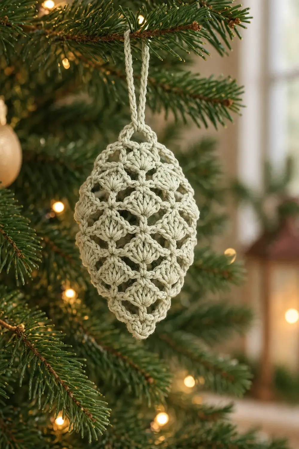 A cream-colored crocheted pinecone ornament hangs from twine on an evergreen garland with warm white lights.