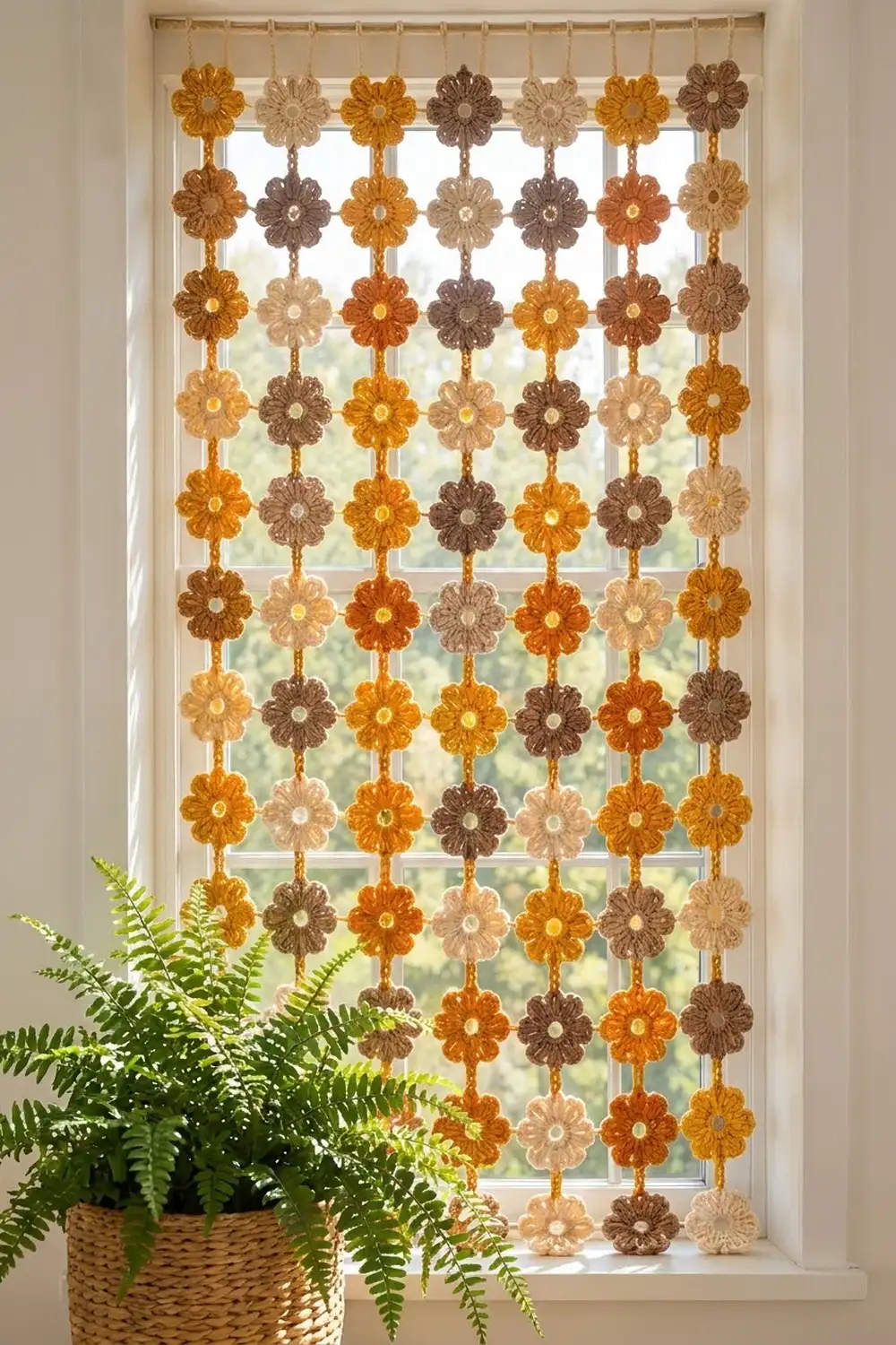 Colorful crocheted flower garland in golds, browns, and creams hanging in window beside potted green fern.