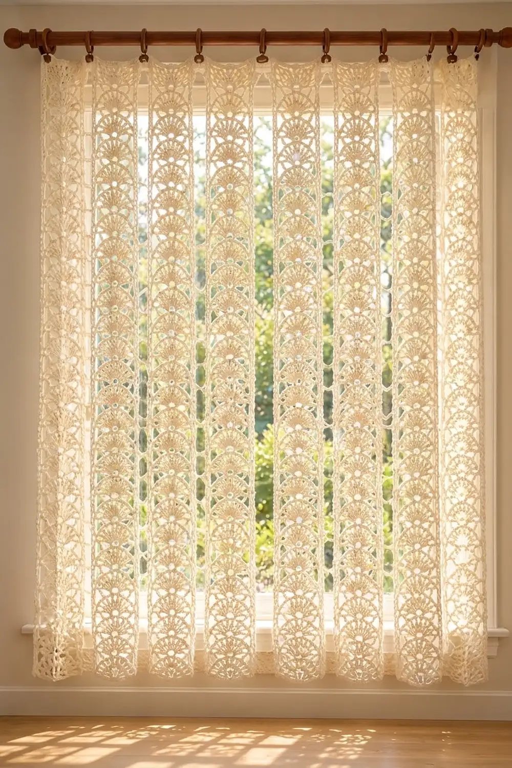 Cream lace curtain with crochet fan motifs hung on a dark wood rod, filtering sunlight with green garden visible beyond.