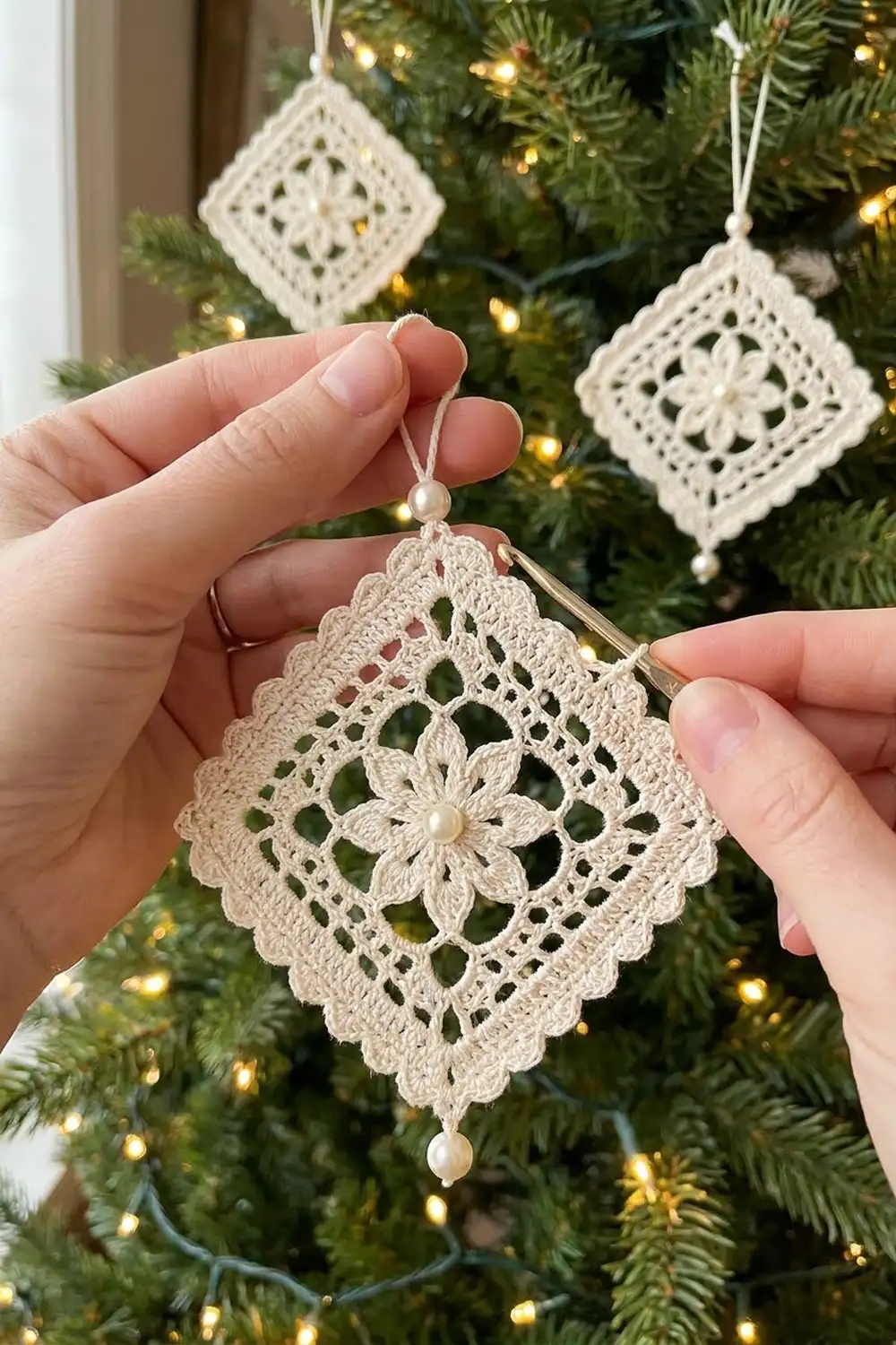 Hands holding an ivory crocheted diamond ornament with pearls against a glowing Christmas tree with matching ornaments.