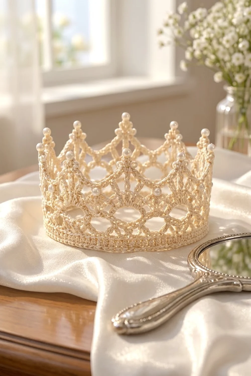 Delicate cream crocheted crown with pearl beads displayed on white fabric beside silverware in a bright, minimalist interior with flowers.