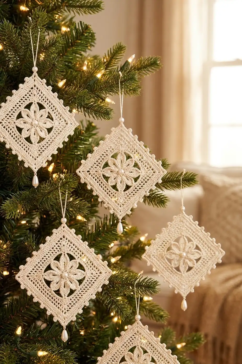 Crocheted cream-colored diamond ornaments with openwork floral centers hang on a lit Christmas tree.