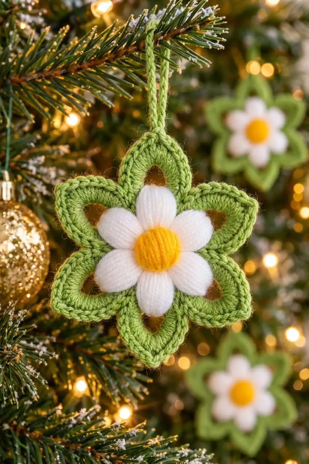 Crocheted daisy ornament in green and white with yellow center hanging on a frosted evergreen branch with warm holiday lights.