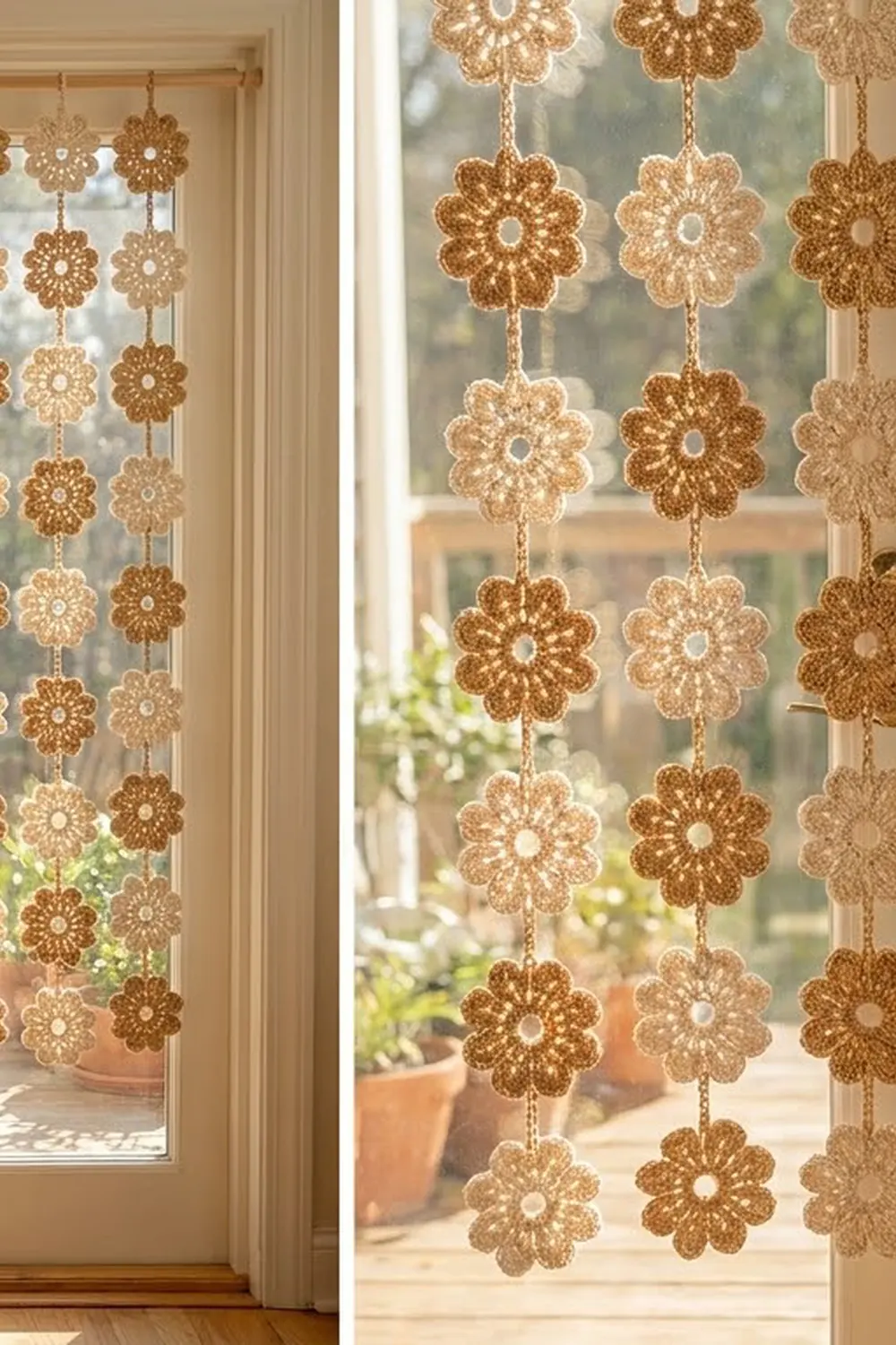 Crocheted tan flower garlands hang in a sunlit window, creating delicate lace panels with an outdoor garden view.