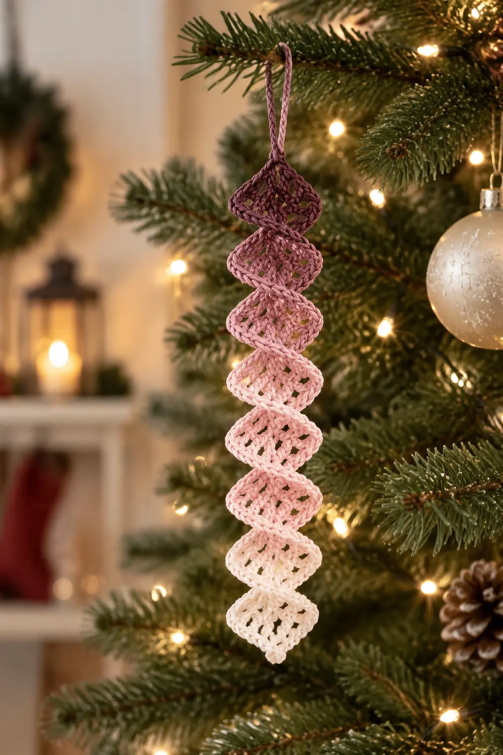 A crocheted ombré diamond ornament in mauve-to-cream gradient hangs on an evergreen Christmas tree.