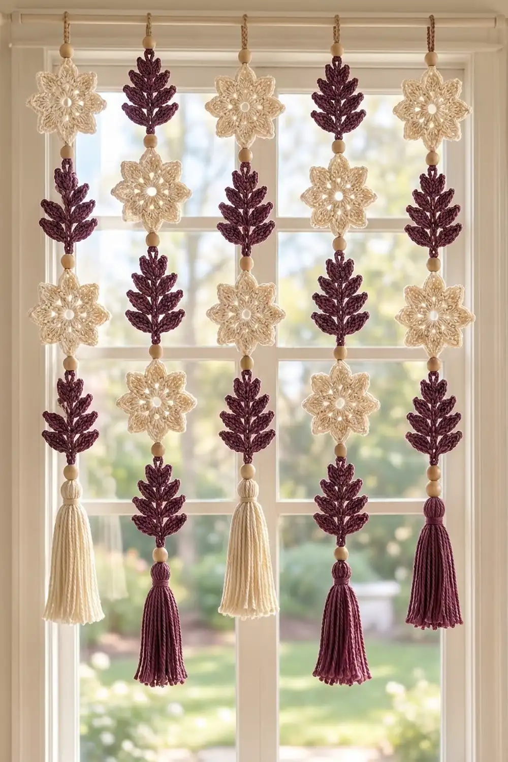 Crocheted window hanging with five strands of alternating cream flowers and burgundy leaves, wooden beads, and matching tassels.