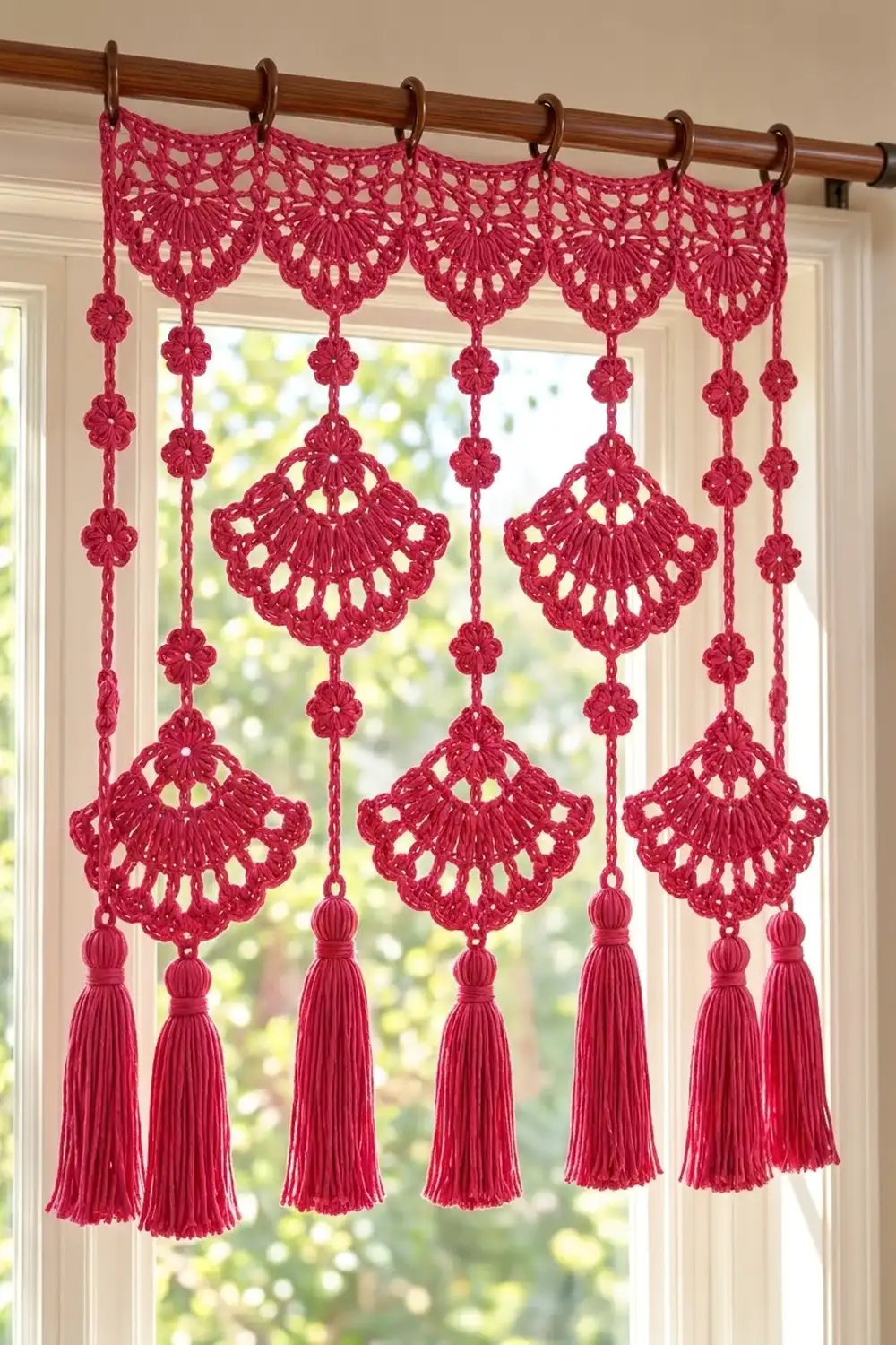 Deep pink crocheted curtain with fan motifs and long tassels hangs from a wooden rod in front of a window.