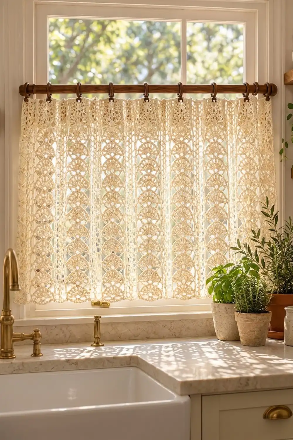 Cream crocheted lace curtain with fan pattern hung in a sunny kitchen window above a white sink with potted plants.