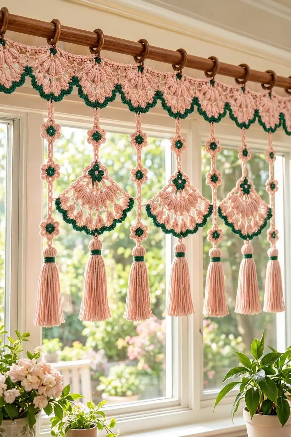 Pink and green crocheted window valance with shell motifs and tassels above a bright window with fresh flowers and plants.