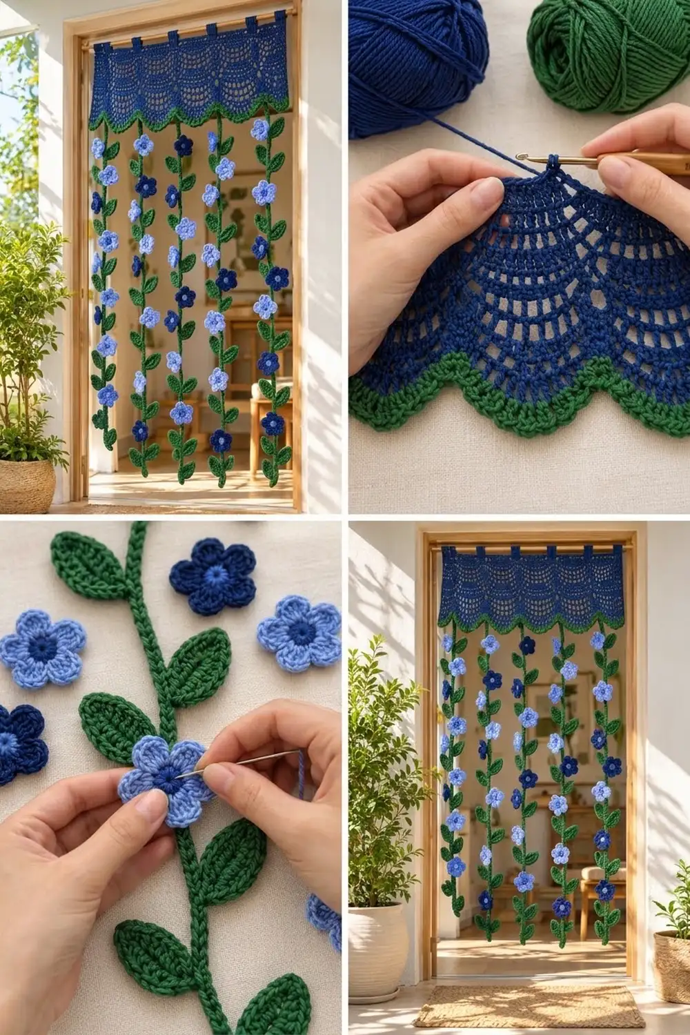 Crocheted blue flowers and green leaves strung as a curtain in a sunlit wooden doorframe.