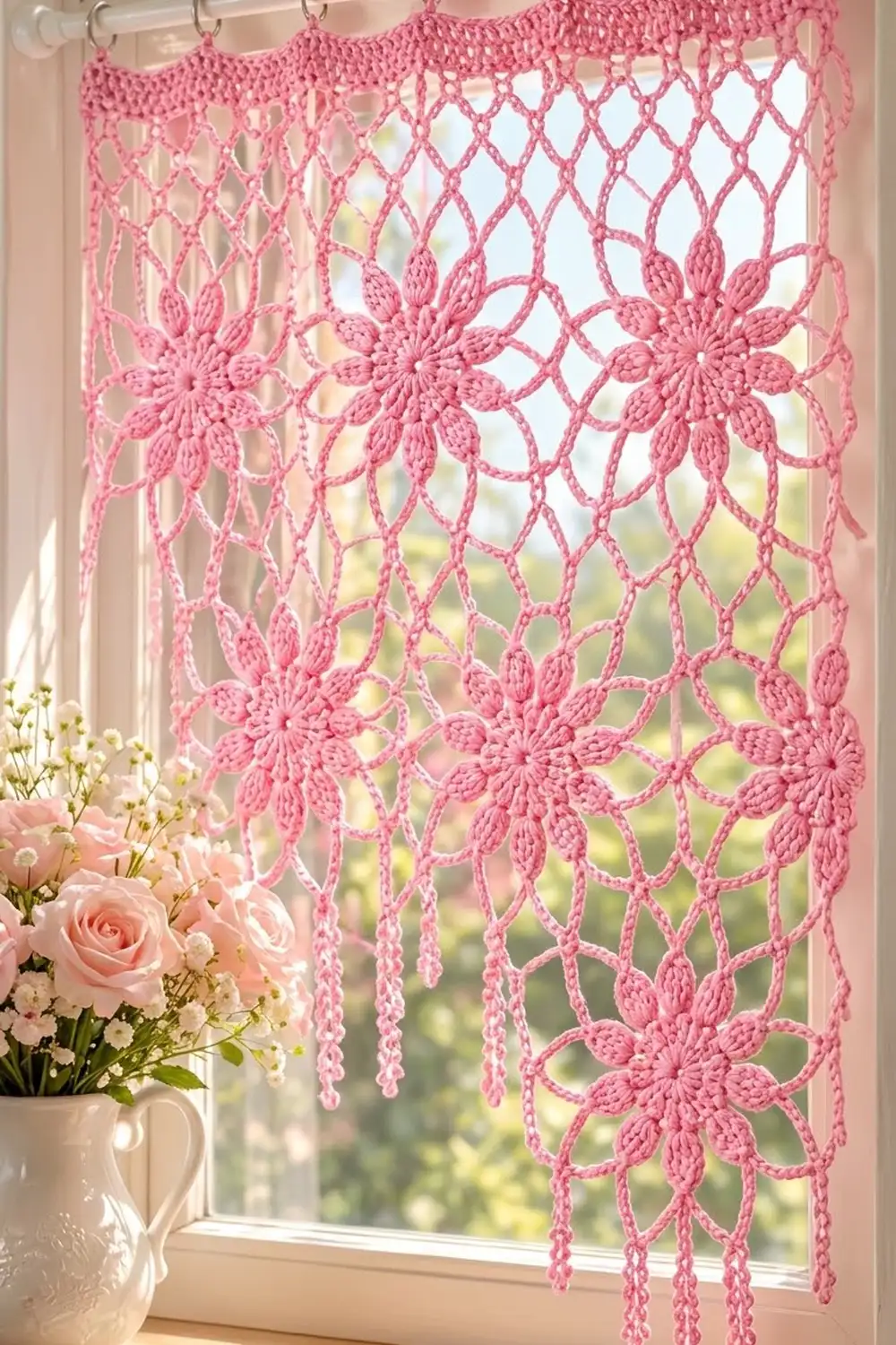 Bright pink crocheted lace curtain with flower motifs hanging in a sunlit window beside pink roses in a white vase.