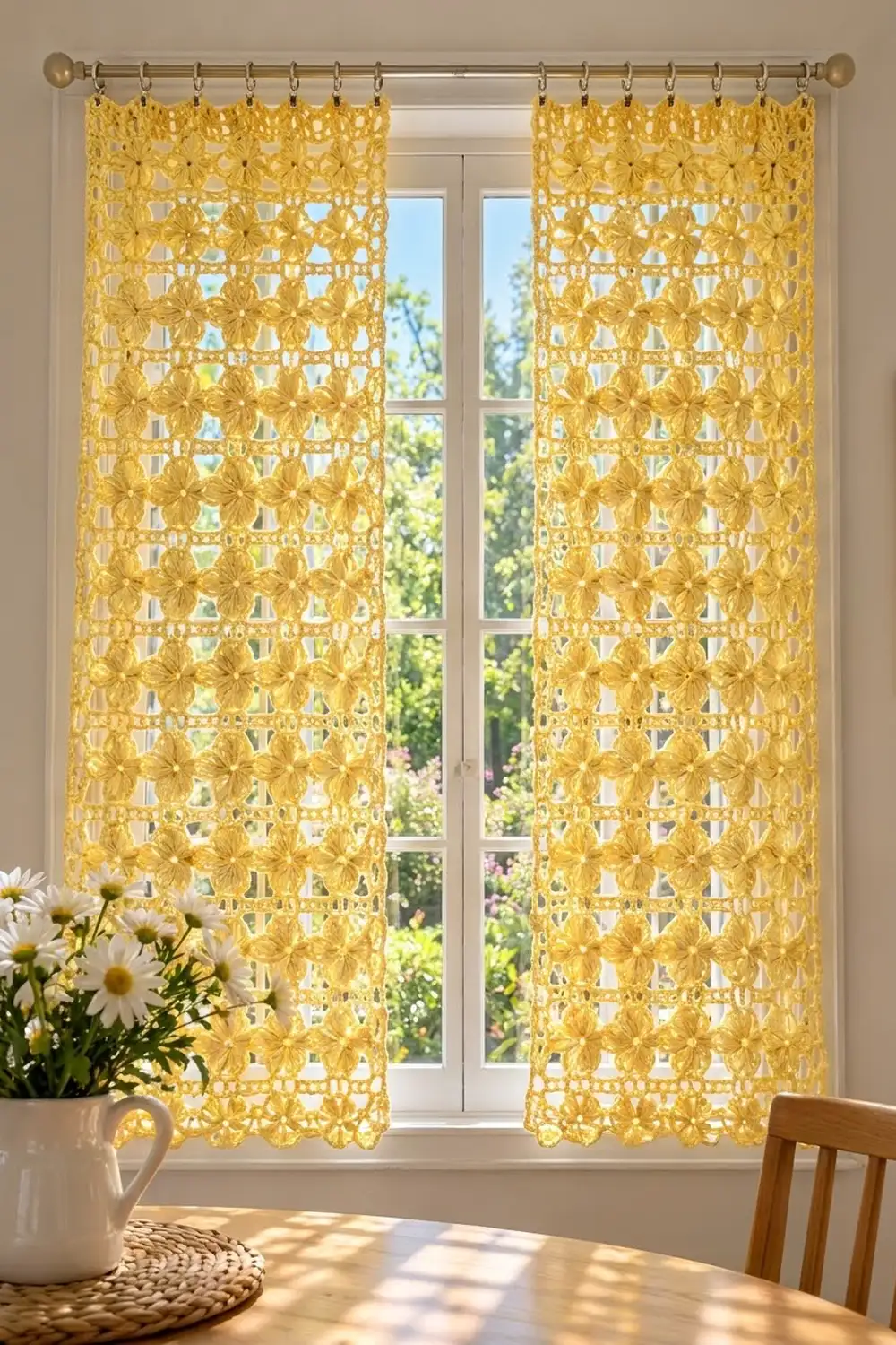 Yellow crocheted lace curtains hanging on a brass rod frame a sunny window, with white daisies in a pitcher nearby.