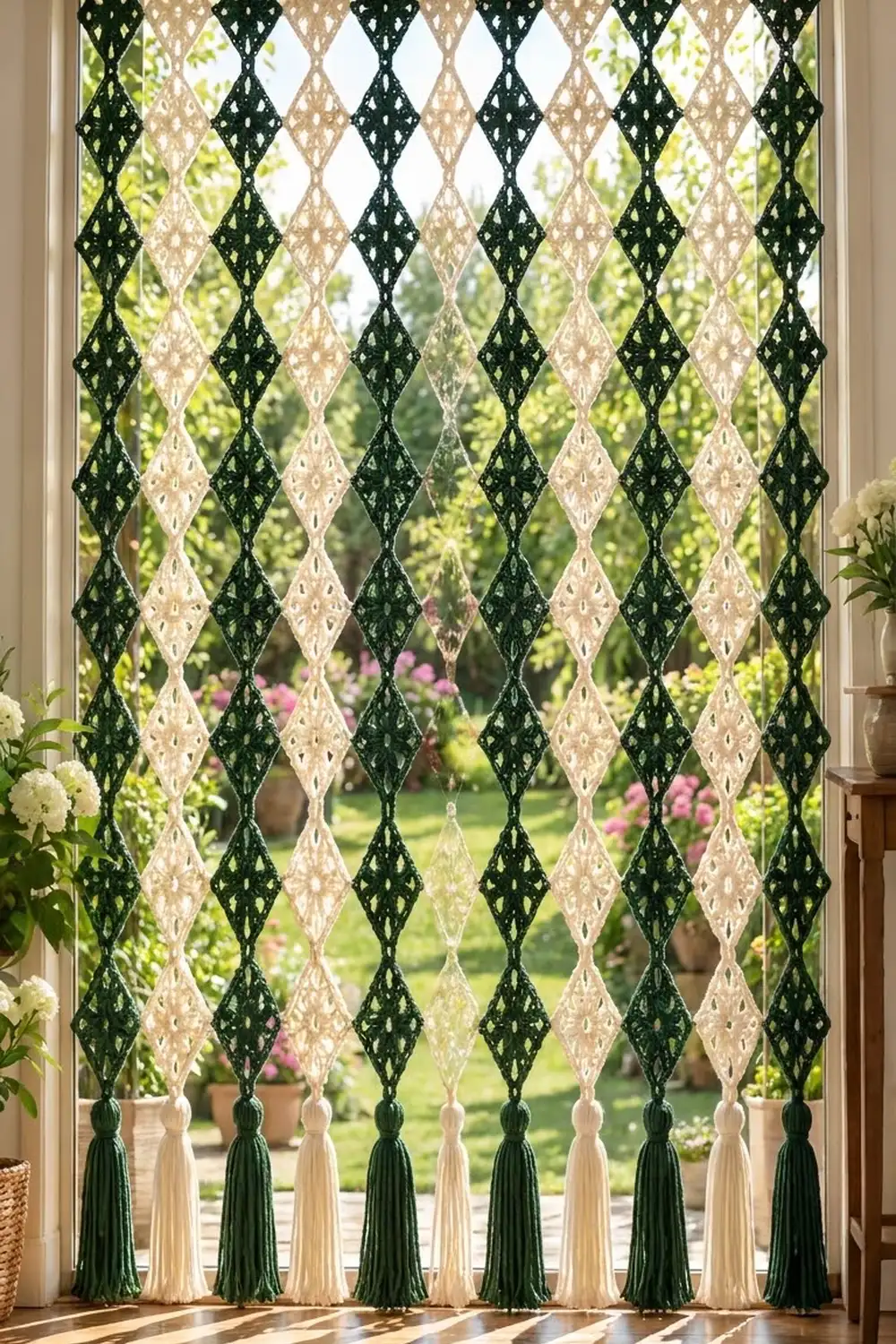 Dark green and cream crocheted window curtain with geometric diamond lace pattern and tassels, framing a bright garden view.