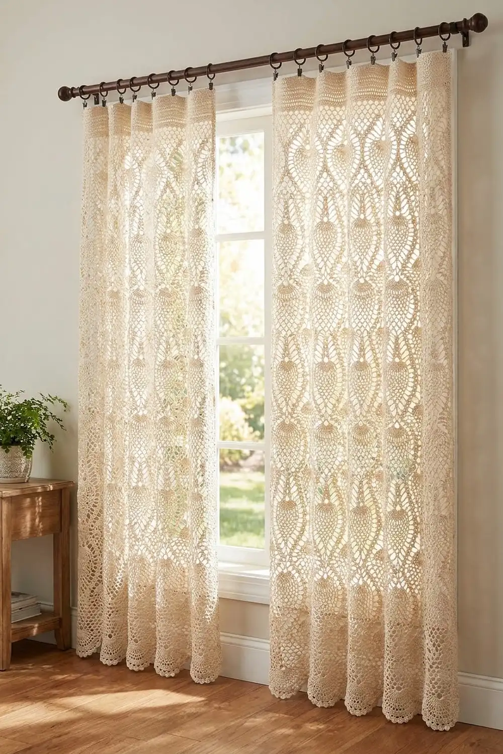 Cream crochet curtains with intricate lace pattern hanging on bronze rod, framing a sunlit window in a bright, neutral room.