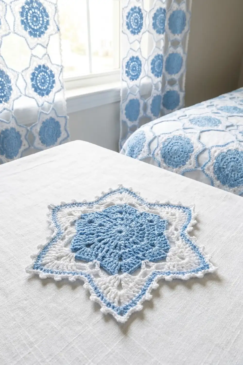 Blue and white crocheted doily with scalloped edge on bedding, coordinating with matching patterned curtains and pillows in sunlit bedroom.