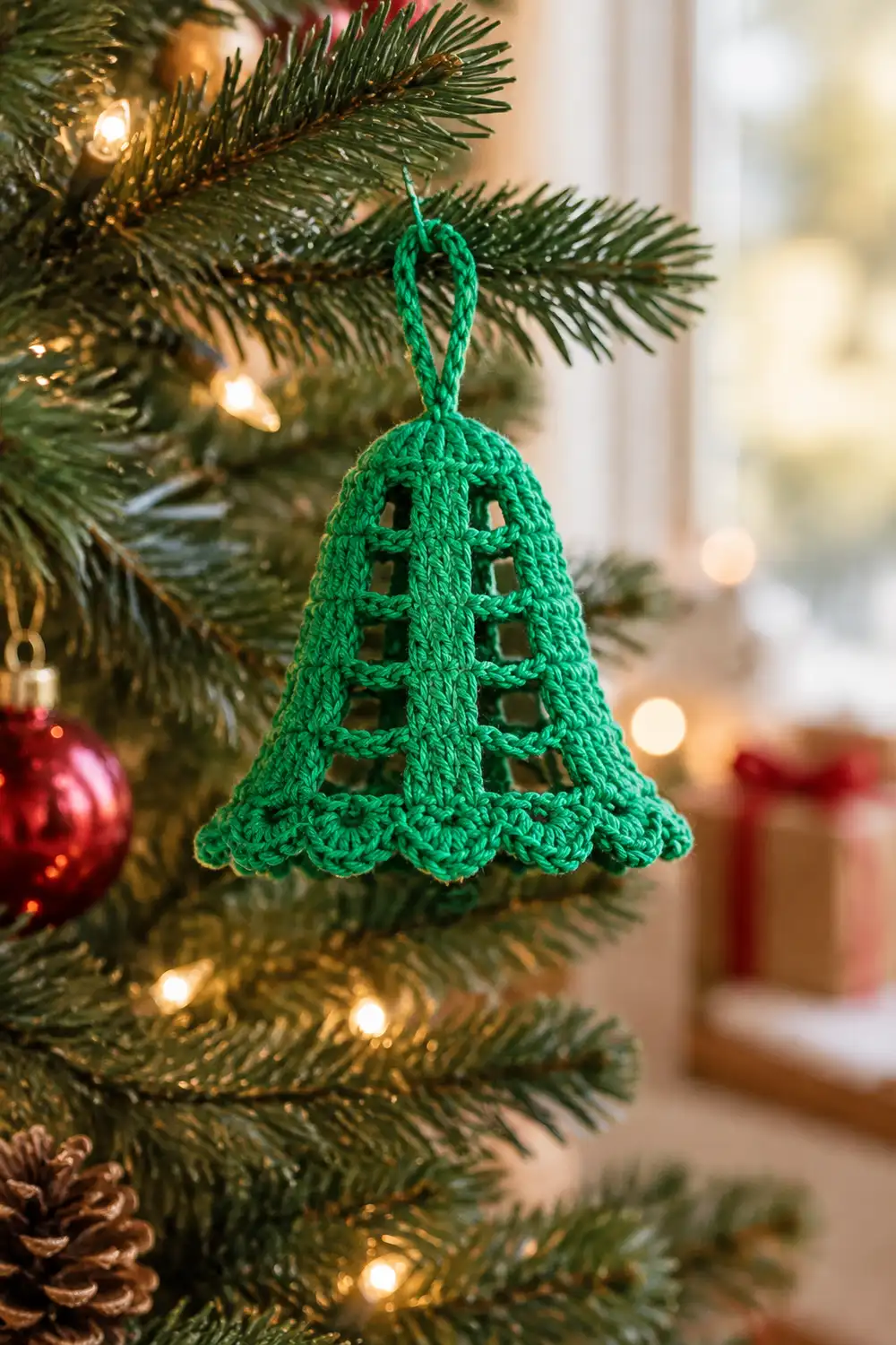 A green crocheted bell ornament hangs from an evergreen branch amid twinkling lights and red baubles.