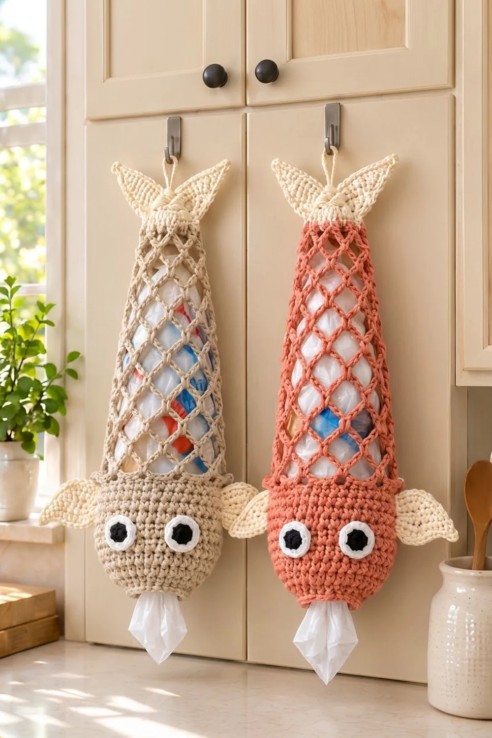 Two crocheted pineapple tissue holders in cream and coral with googly eyes hang from kitchen cabinet doors.