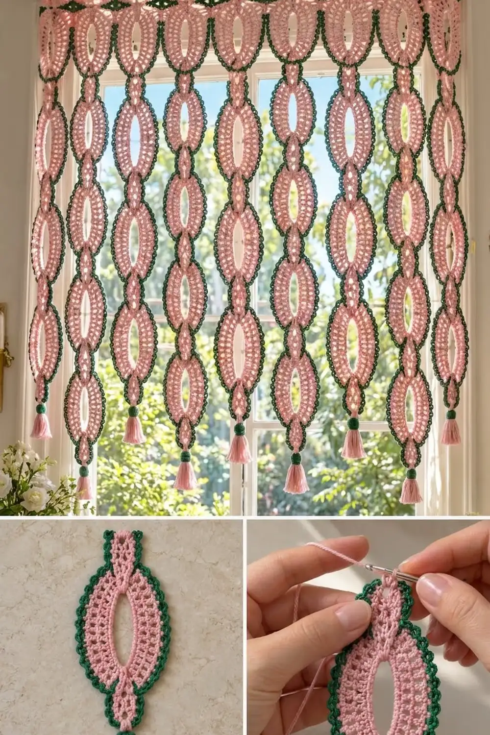 Pink and dark green crocheted window hanging with oval motifs and pink tassels, displayed against bright sunlight.