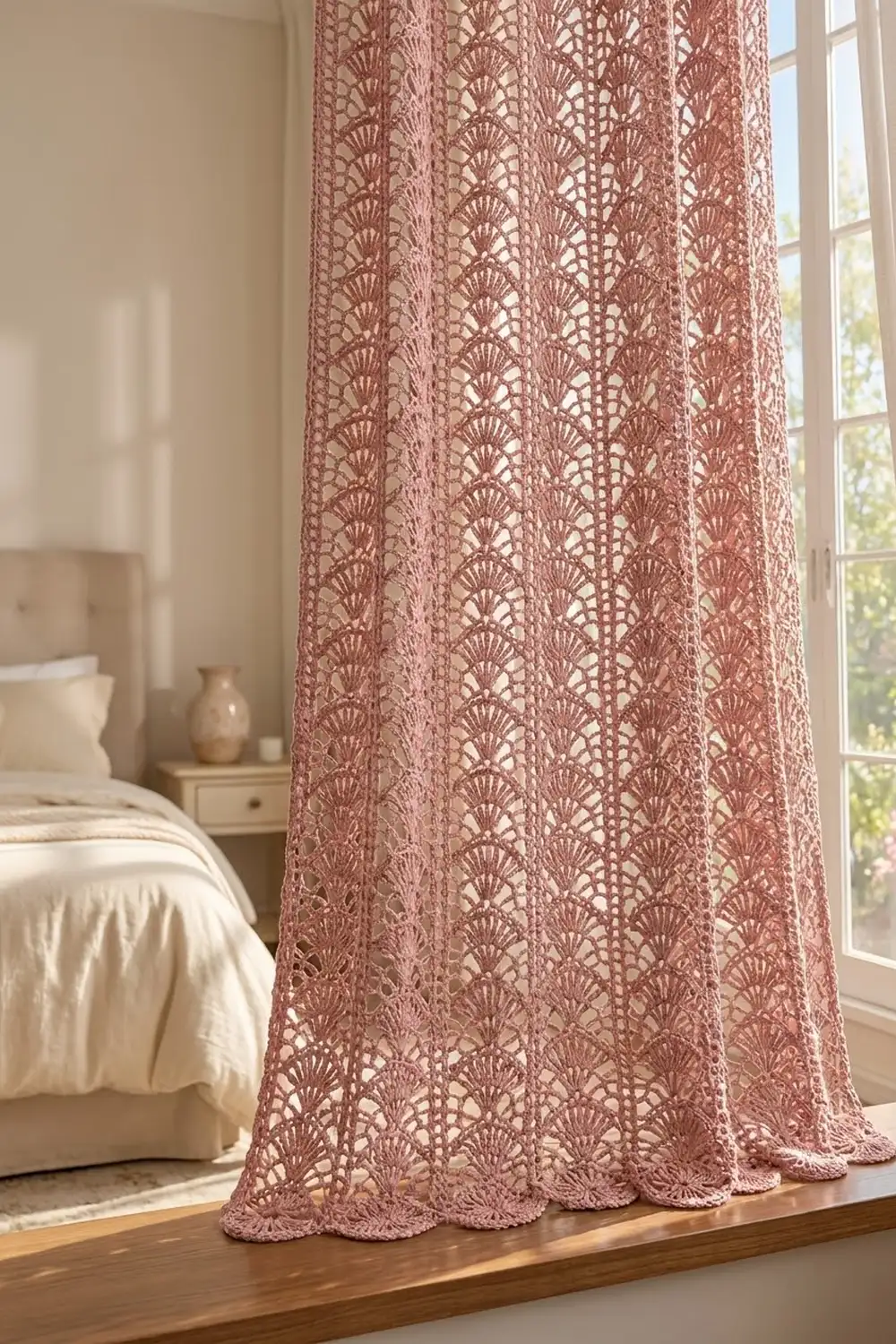 Pink crocheted lace curtain with shell pattern panels hanging by a sunny bedroom window.