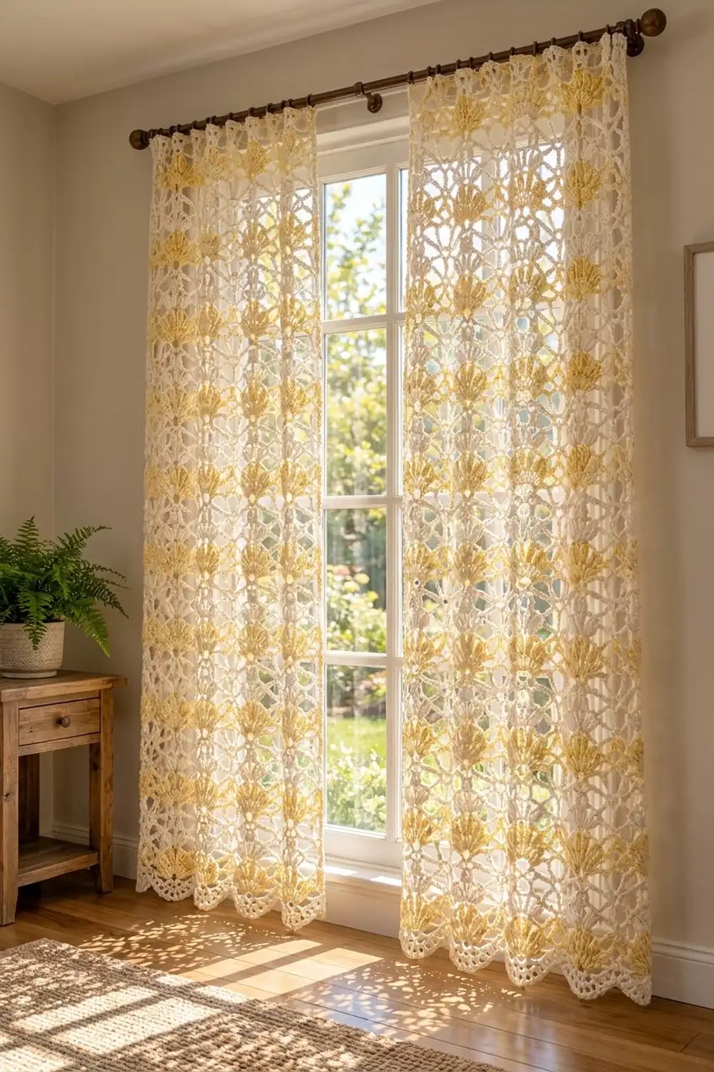 Cream and gold lace curtains with ornate fan motifs hang from a dark rod, filtering sunlight through a tall window.