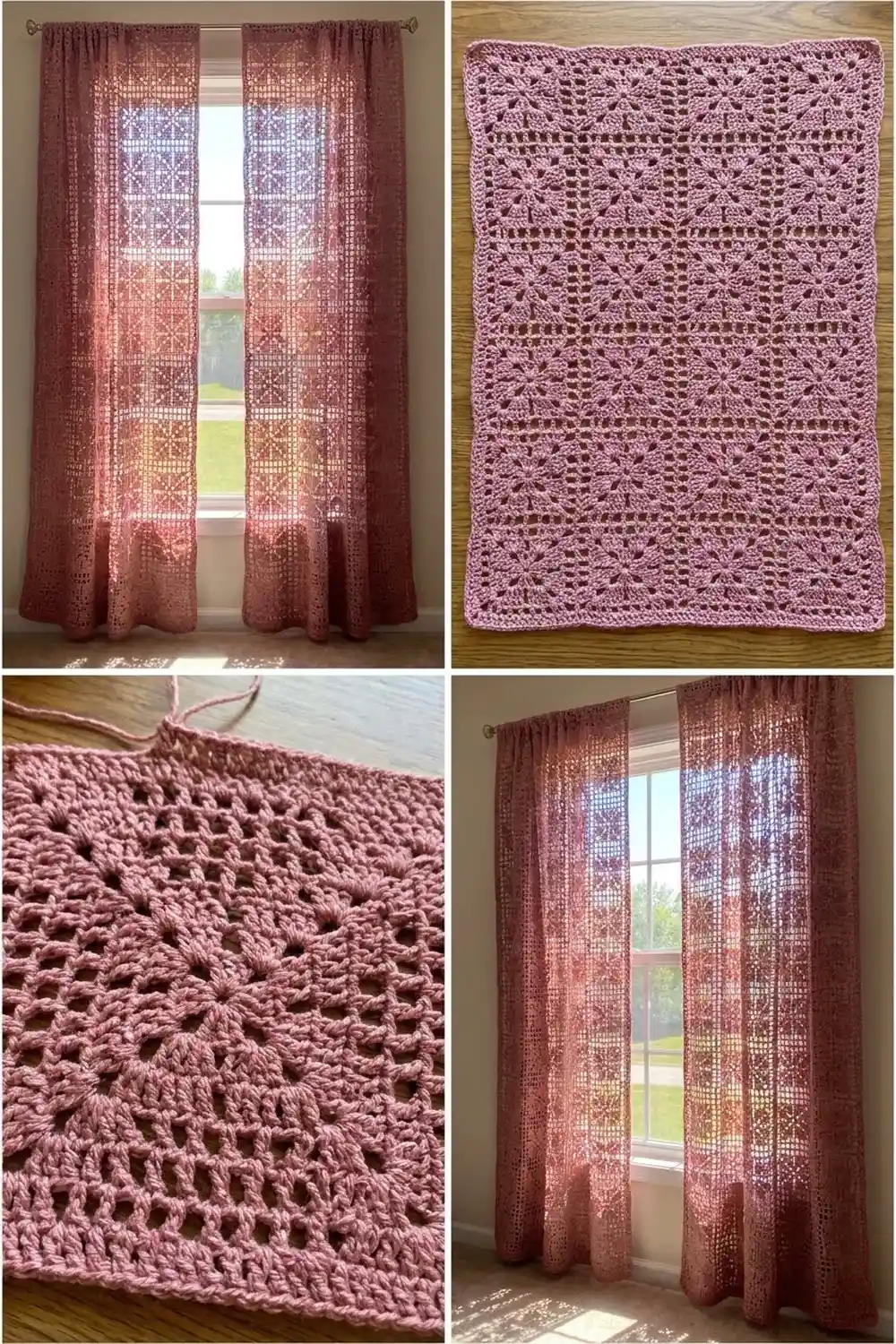 Dusty rose crochet lace curtains with openwork pattern hanging on a window in a sunlit room.