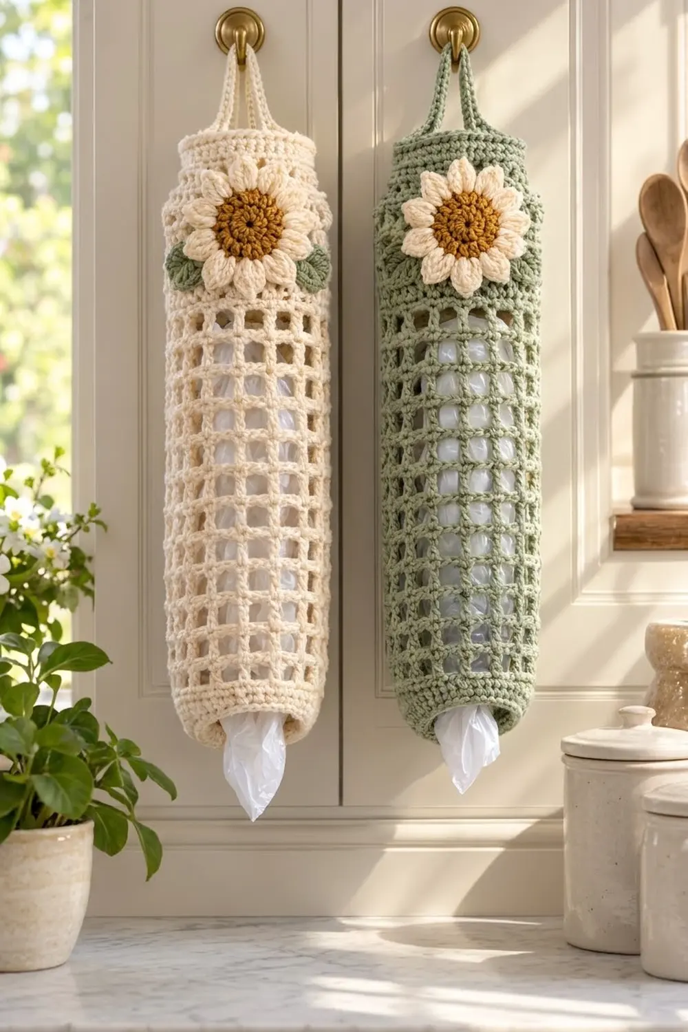 Crocheted tissue holders with daisy flowers in cream and sage green hanging on white kitchen cabinets in sunlight.