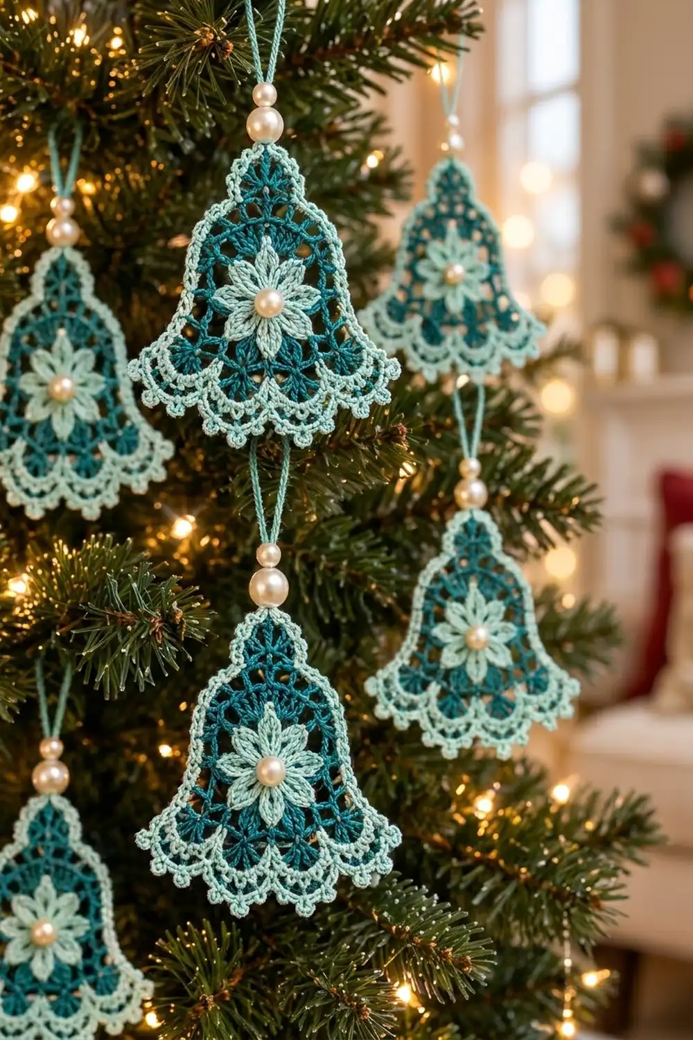 Crocheted teal and cream bell ornaments with pearls and flowers decorate a Christmas tree with golden lights.