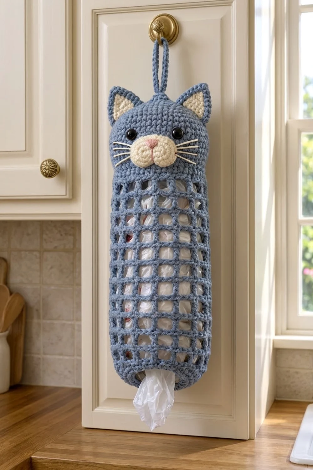 Blue crocheted cat tissue holder with cream face and whiskers hangs on cream door, dispensing white tissue from latticed bottom.