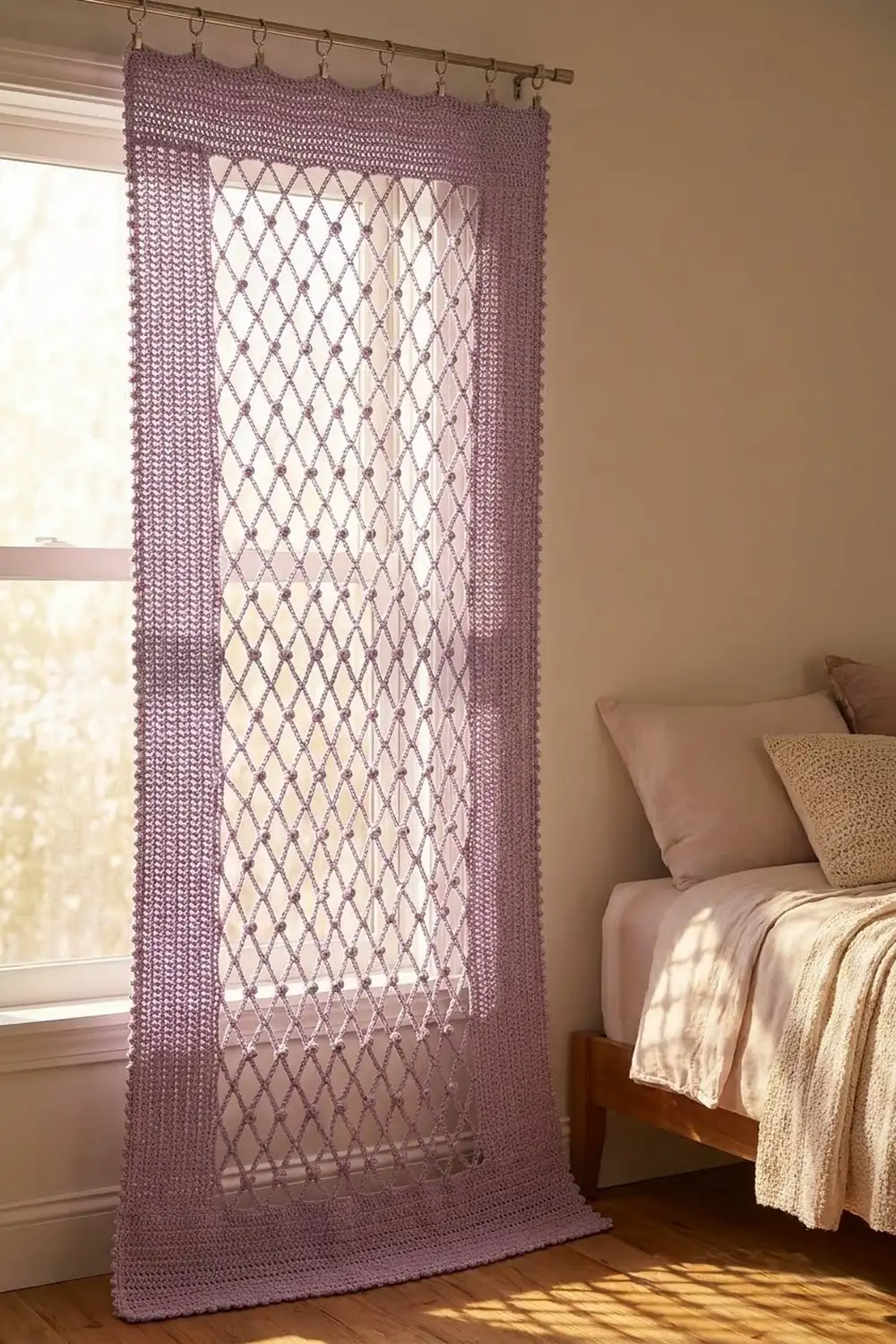 Mauve crocheted curtain with diamond lattice pattern hangs by a bedroom window beside a bed with neutral bedding.