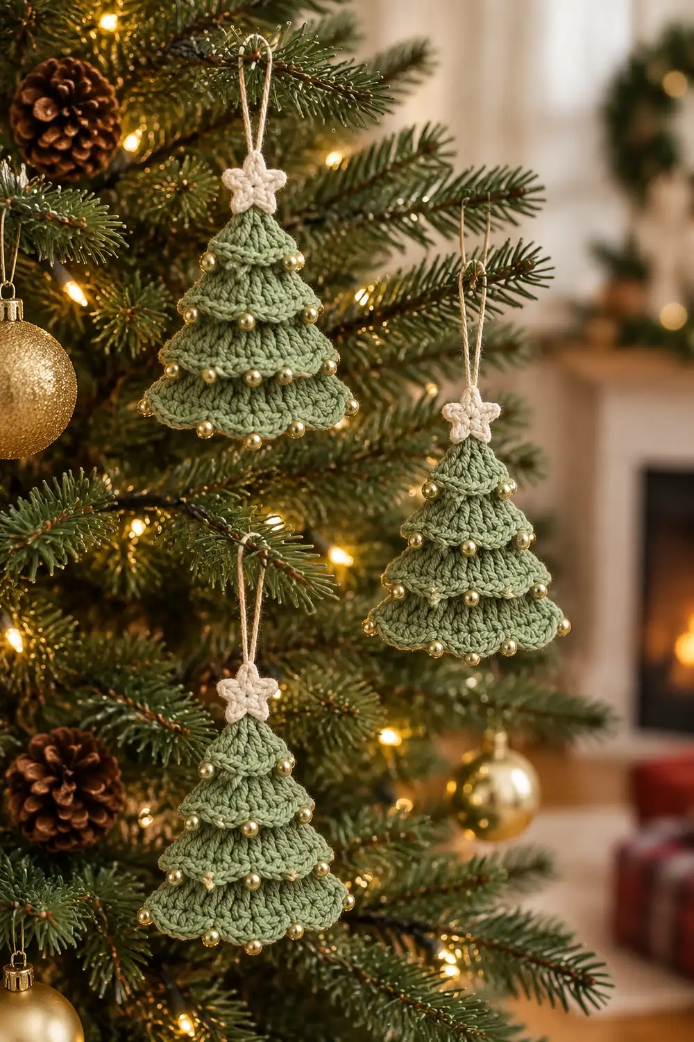 Crocheted green Christmas tree ornaments with white stars and gold beads hang on an evergreen tree decorated with lights.