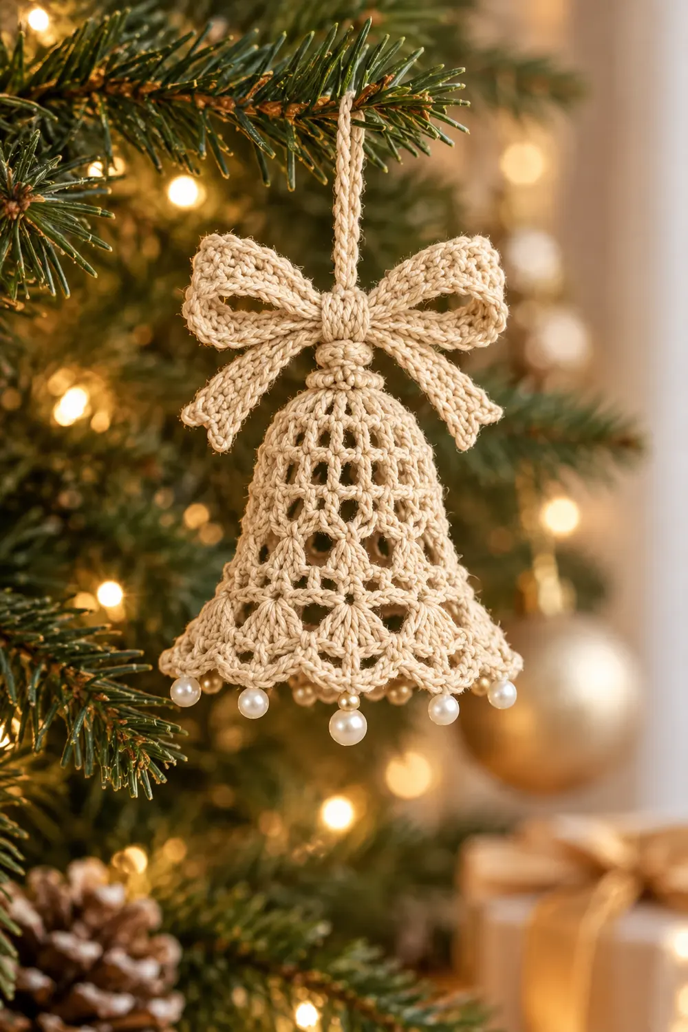A cream crocheted bell ornament with a bow and pearl beads hangs from an evergreen branch with warm lights.