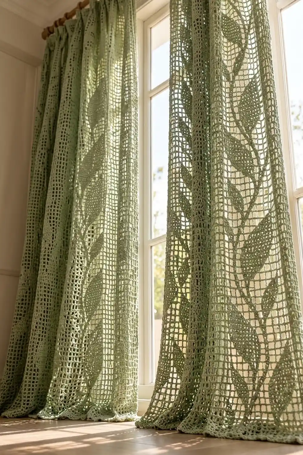 Sage-green crocheted curtains with delicate lace pattern hang from a wooden rod beside a bright window.