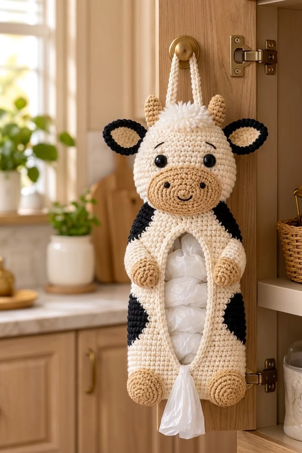 Crocheted cow tissue holder with cream body and black stripes hanging from wooden cabinet in sunlit kitchen.