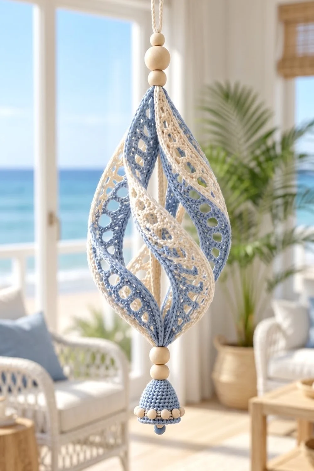 Blue and cream lacy crocheted teardrop with wooden bead accents hanging in a sun-filled coastal beach home.