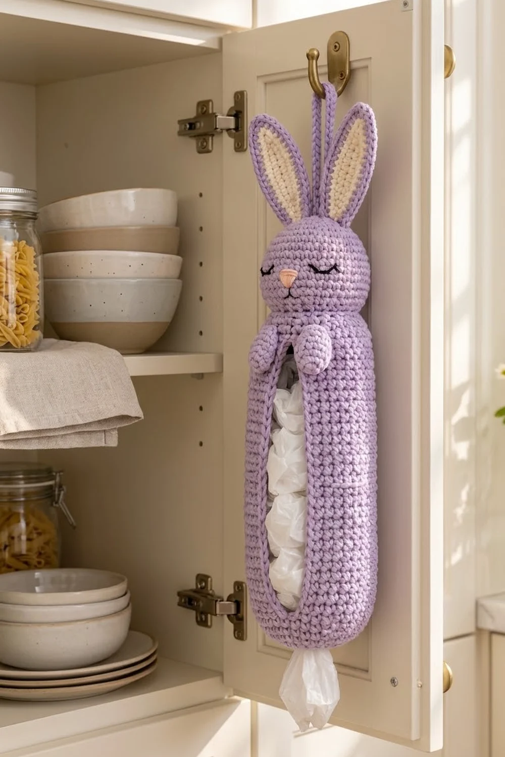 A purple and cream crocheted bunny tissue holder hangs on a hook in a bathroom cabinet.