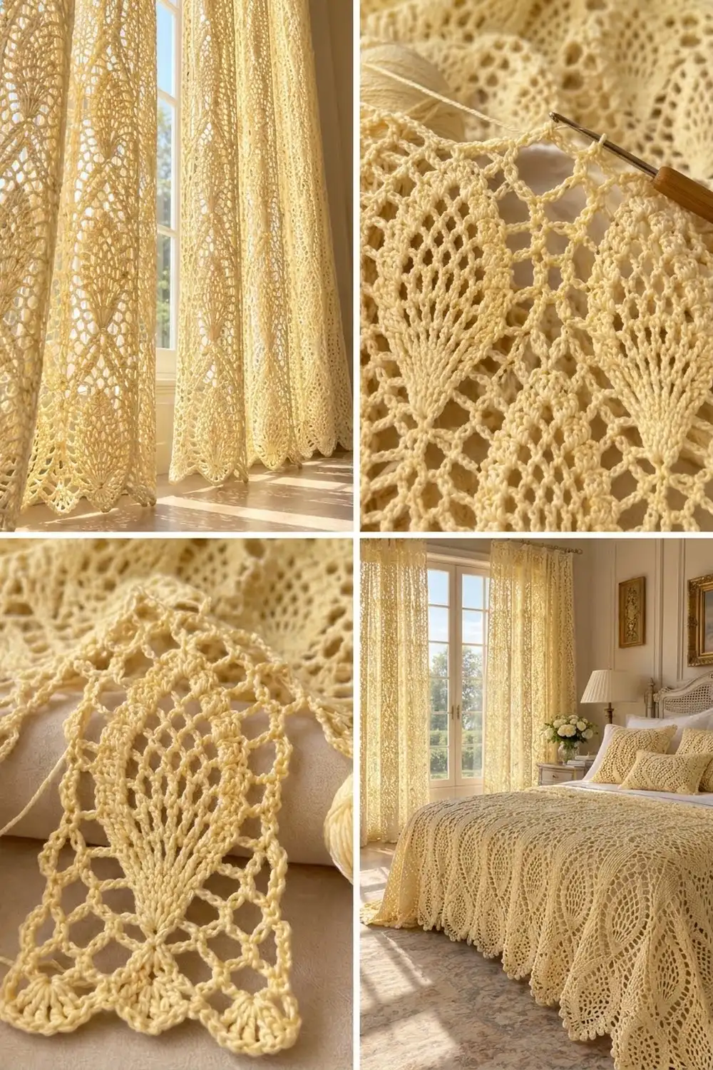 Cream lacy crochet with fan motifs hung as sheer curtains and displayed as a bedroom bedspread with coordinating pillows.
