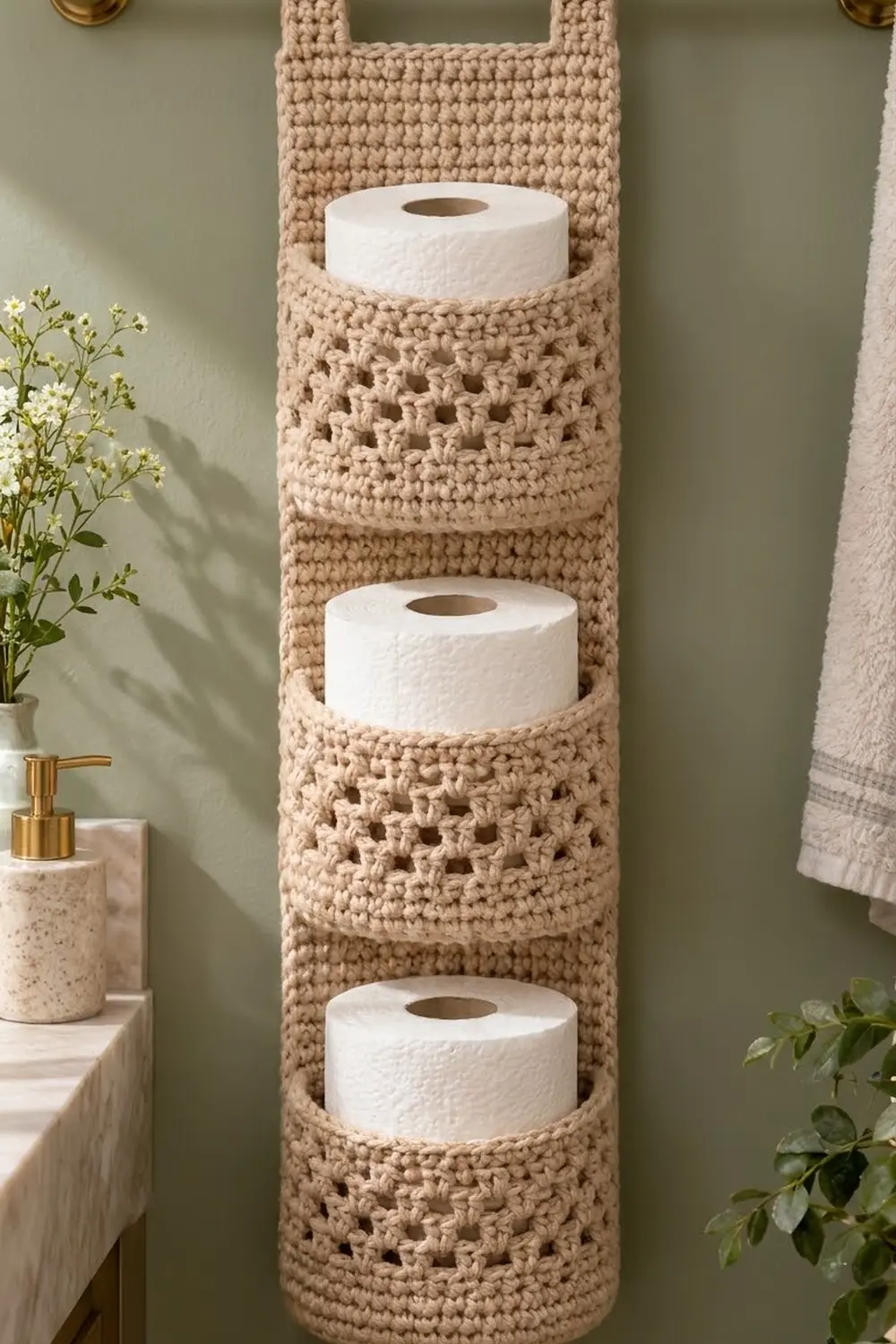 Tan crocheted toilet paper holder displaying three white rolls mounted on a sage green bathroom wall.