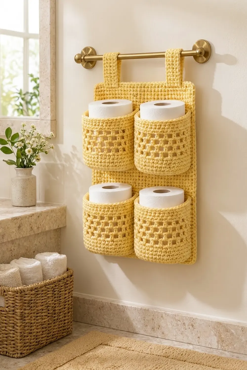 A yellow crocheted toilet paper organizer with four pockets mounted on a white bathroom wall near a sunny window.