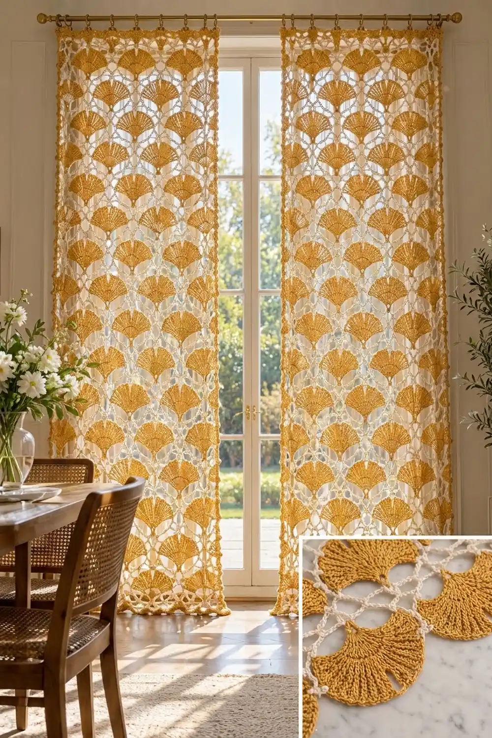 Golden lace curtains with fan-shell pattern frame tall doors in a sun-filled dining room.