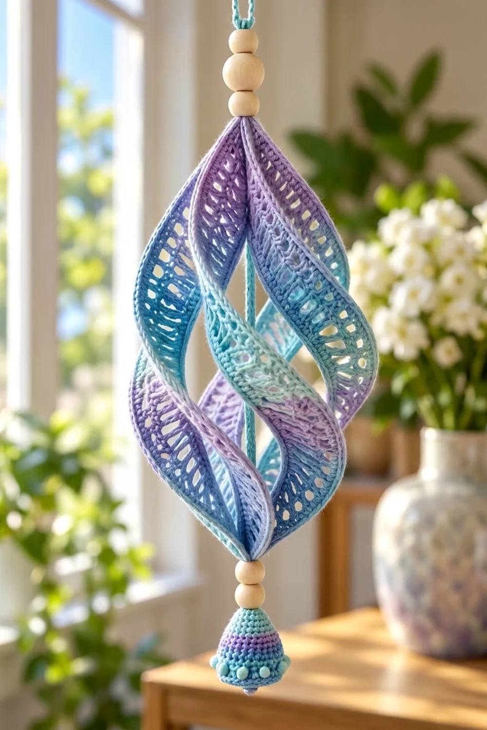 Blue and purple ombre crochet teardrop ornament with wooden beads hanging in a sunny window.