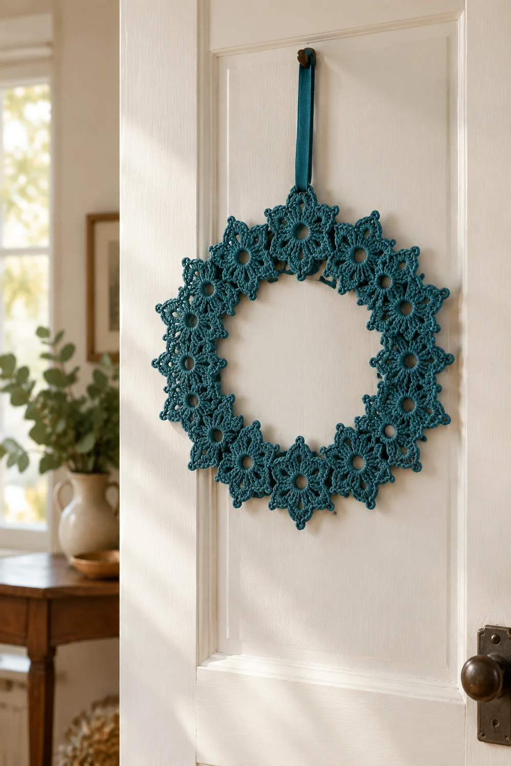 A teal crocheted star wreath hangs from a ribbon on a white door in a bright, modern home interior.