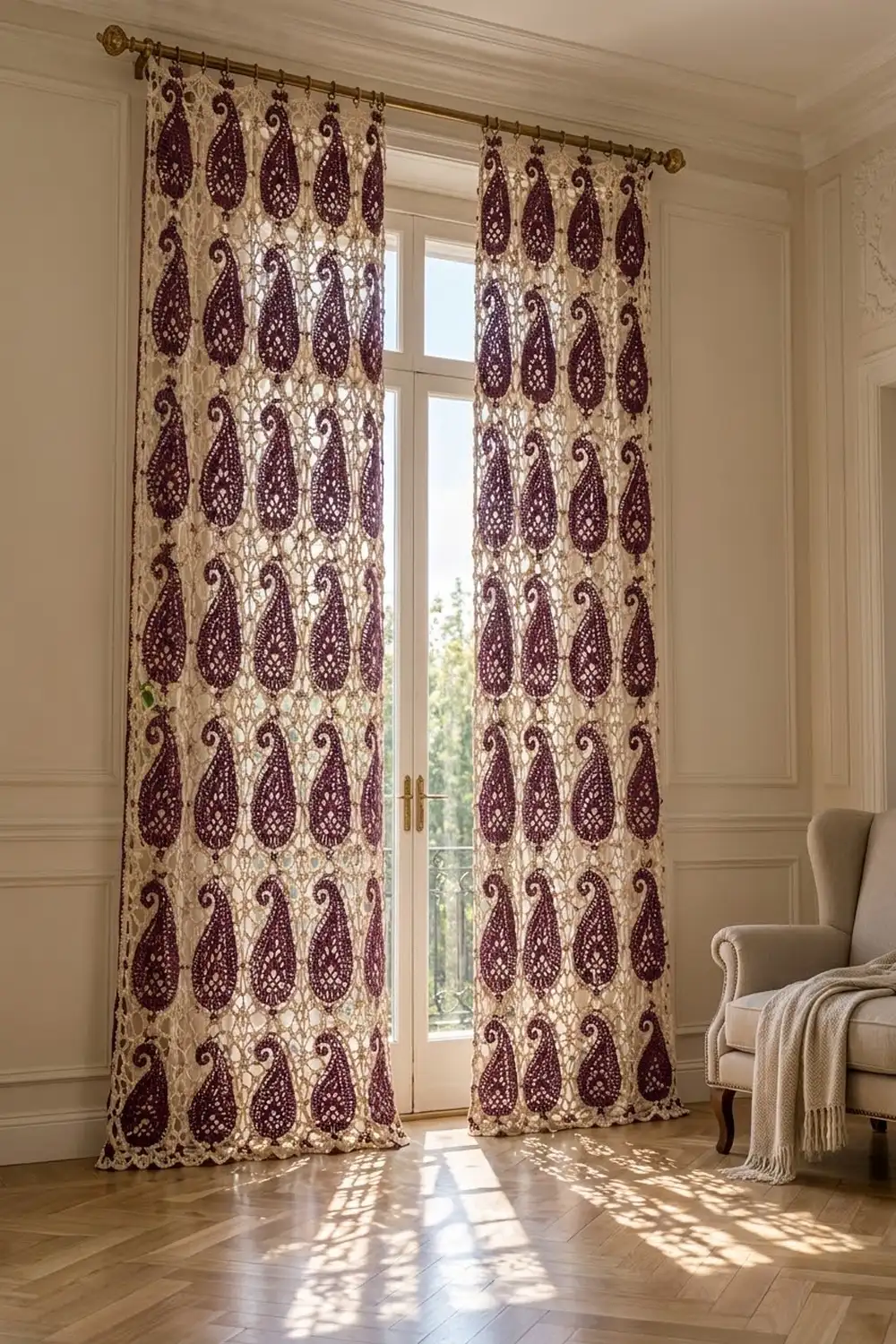 Burgundy and cream paisley curtains frame tall windows in a light-filled formal interior with hardwood floors.