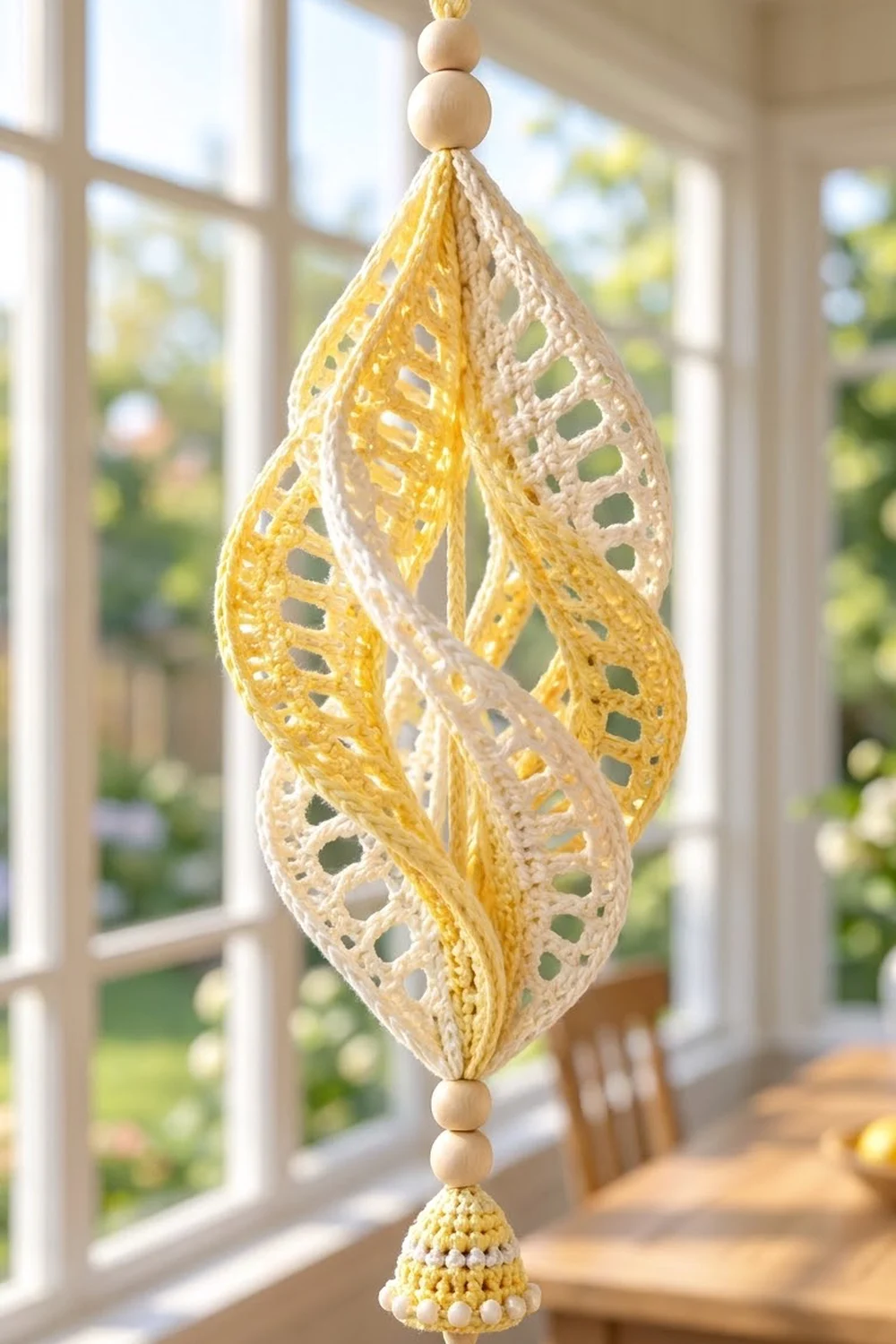 Handmade crocheted leaf ornament in yellow and cream tones hanging in a bright window with garden visible beyond.