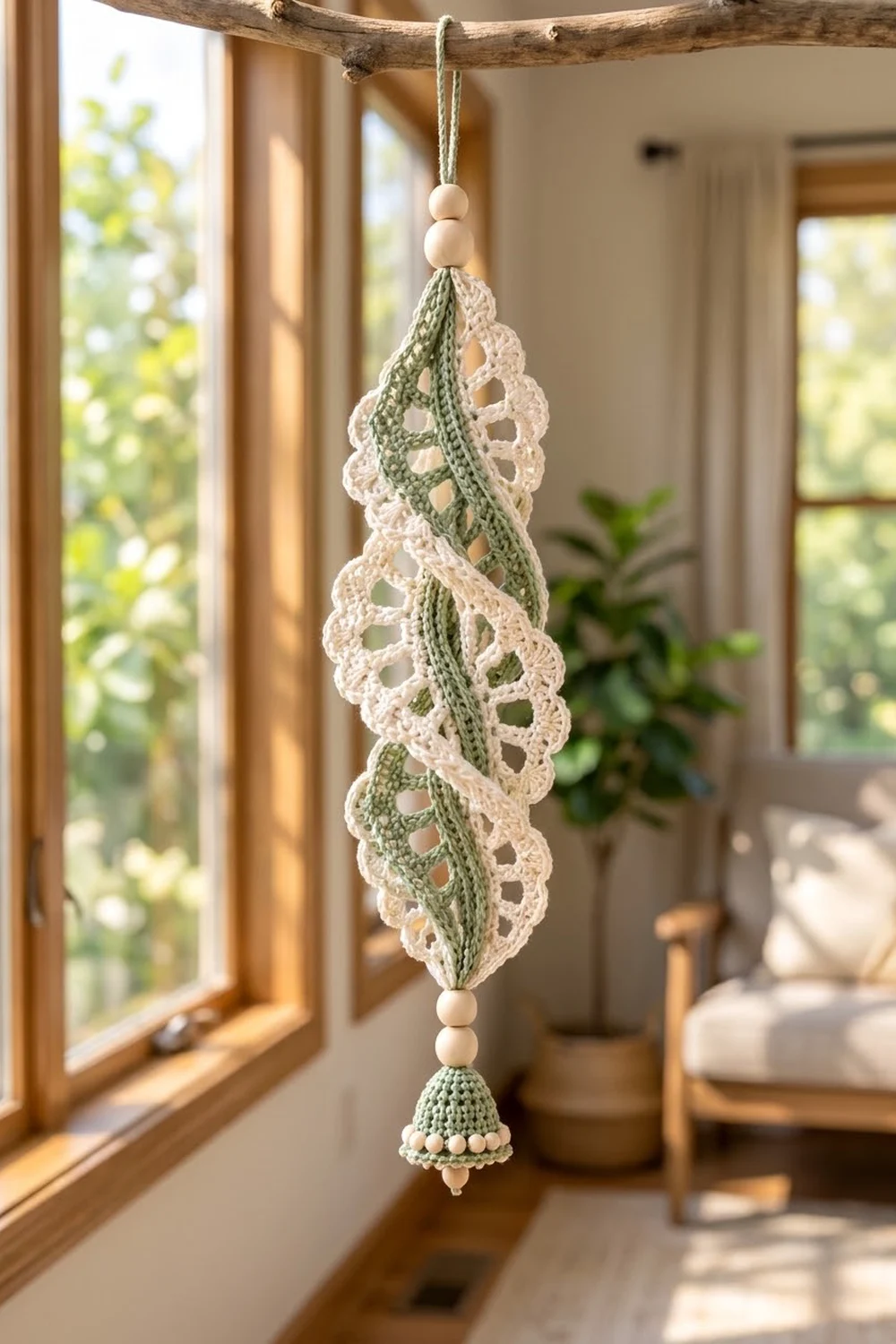 Cream and sage green crocheted leaf ornament with wooden bead details, hanging from a rustic branch by a sunny window.
