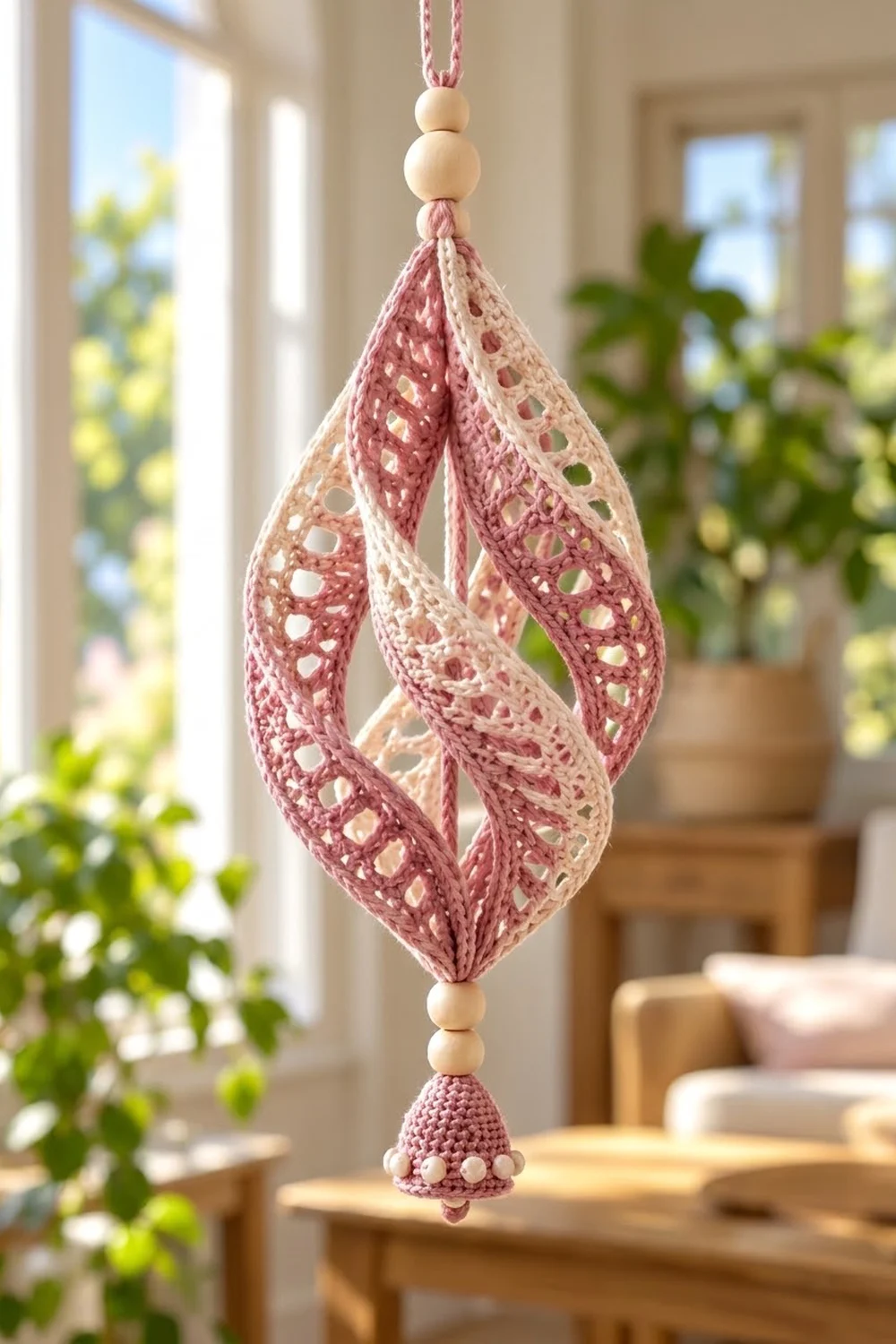 Rose-colored crocheted ornament with wooden beads hanging in a bright, plant-filled home with natural light.
