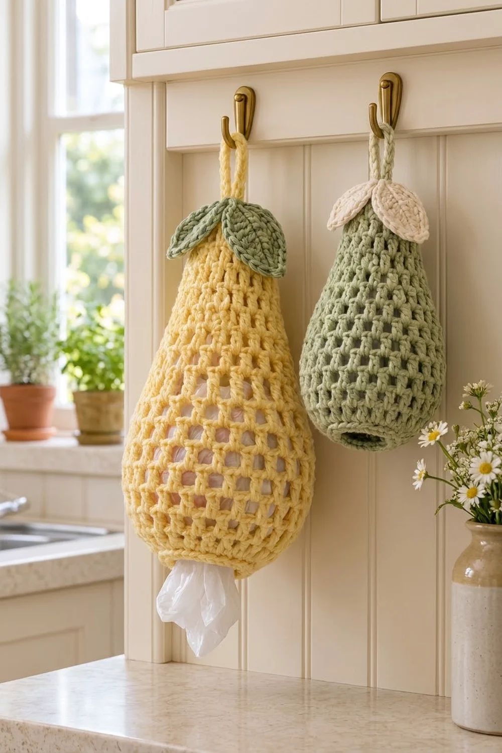 Two crocheted produce bags in yellow and sage green with leaf tops, hanging on brass hooks on a cream kitchen cabinet.